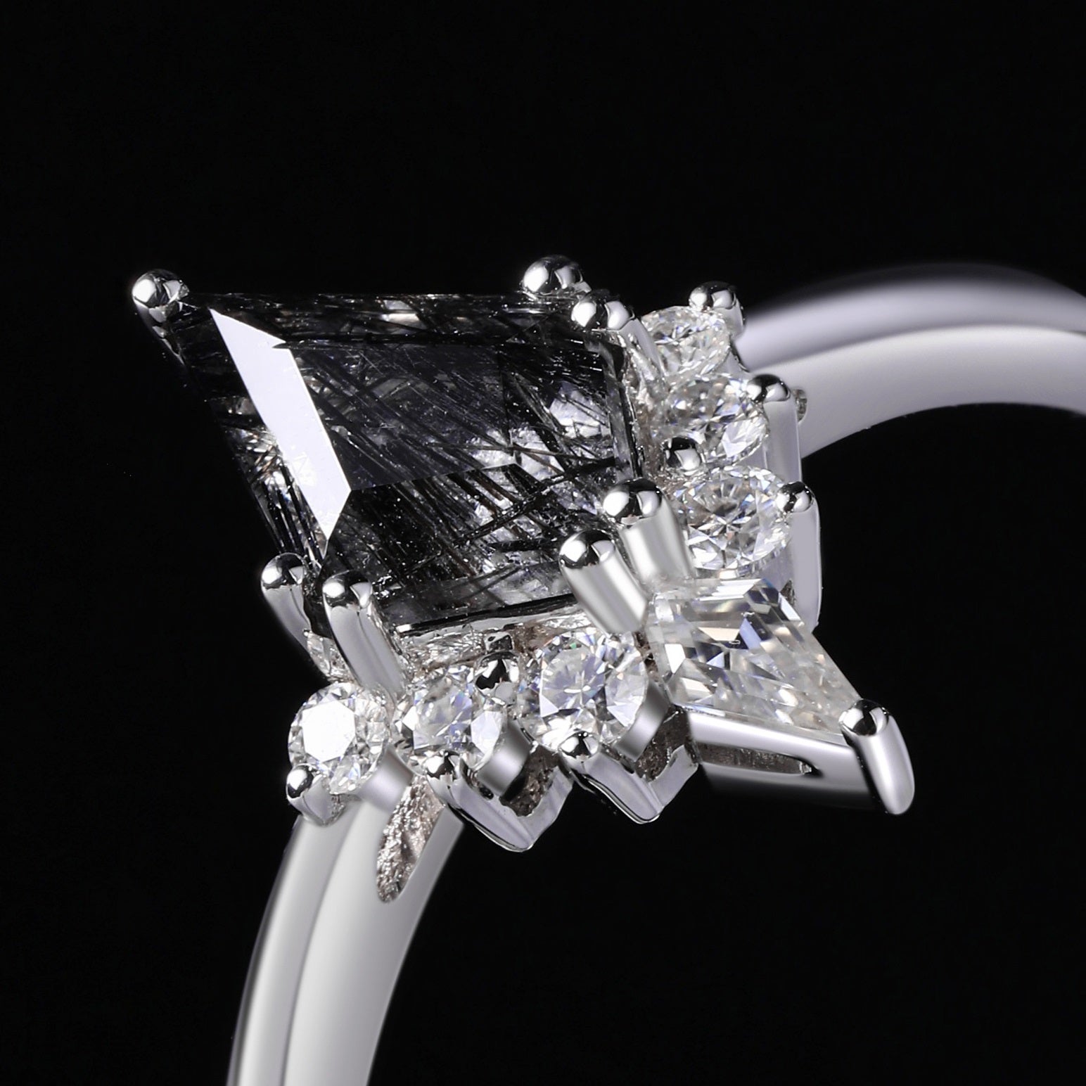 Kite Cut Black Rutilated Quartz Tiara Half Halo Ring Mystic Crystal Gothic Ring