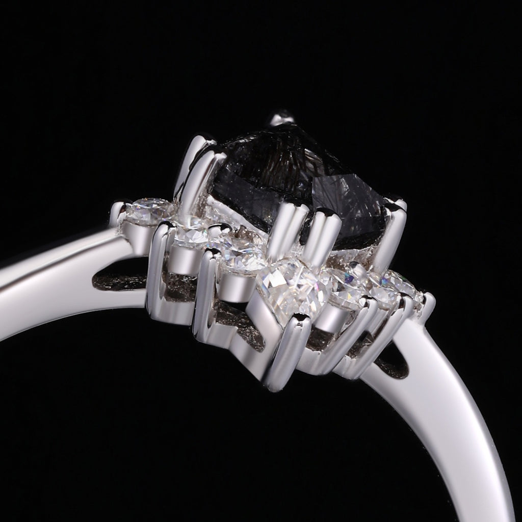 Kite Cut Black Rutilated Quartz Tiara Half Halo Ring Mystic Crystal Gothic Ring
