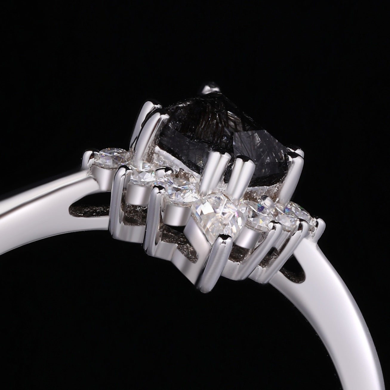 Kite Cut Black Rutilated Quartz Tiara Half Halo Ring Mystic Crystal Gothic Ring