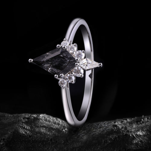 Kite Cut Black Rutilated Quartz Tiara Half Halo Ring Mystic Crystal Gothic Ring