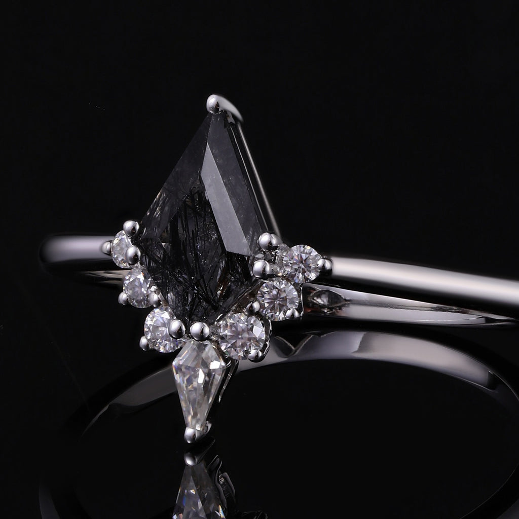 Kite Cut Black Rutilated Quartz Tiara Half Halo Ring Mystic Crystal Gothic Ring