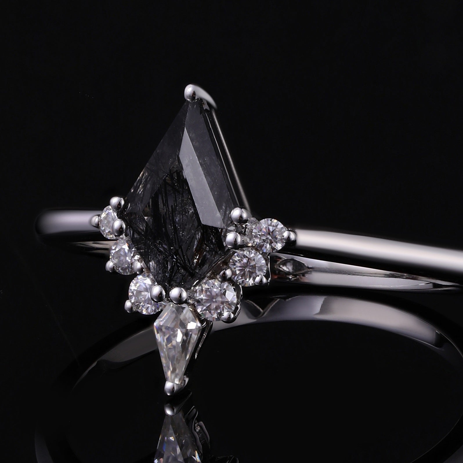 Kite Cut Black Rutilated Quartz Tiara Half Halo Ring Mystic Crystal Gothic Ring