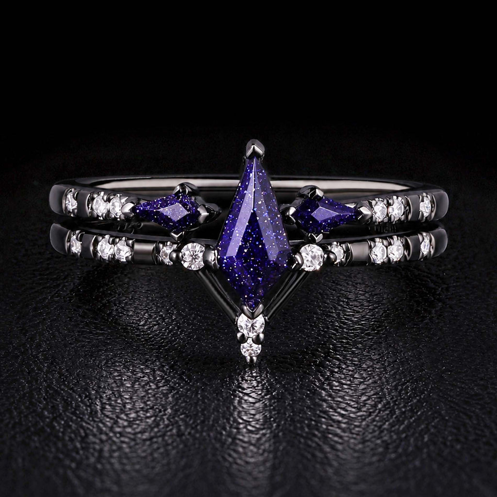 Kite Cut Blue Sandstone Celestial Gothic Ring Set