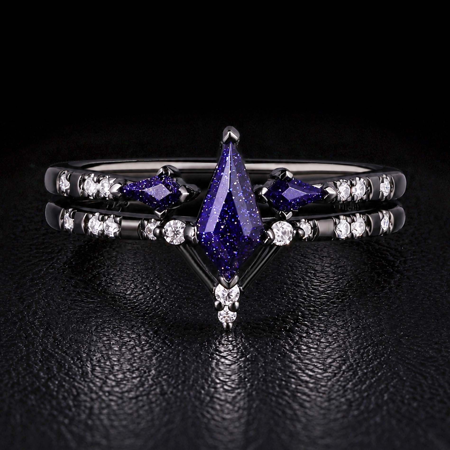 Kite Cut Blue Sandstone Celestial Gothic Ring Set
