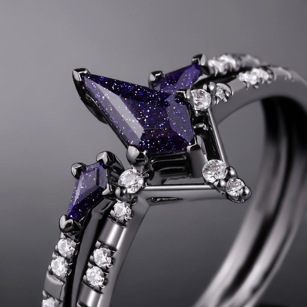 Kite Cut Blue Sandstone Celestial Gothic Ring Set