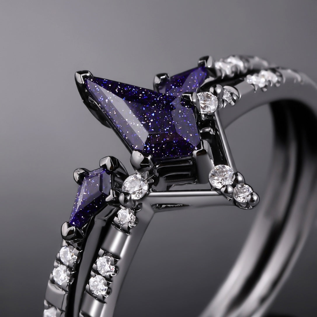 Kite Cut Blue Sandstone Celestial Gothic Ring Set