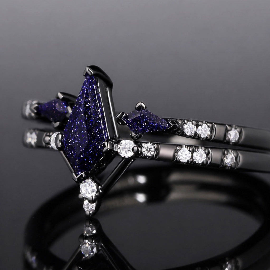Kite Cut Blue Sandstone Celestial Gothic Ring Set
