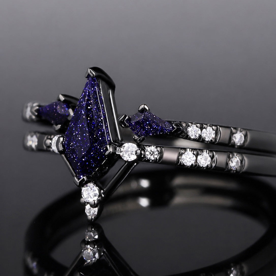 Kite Cut Blue Sandstone Celestial Gothic Ring Set