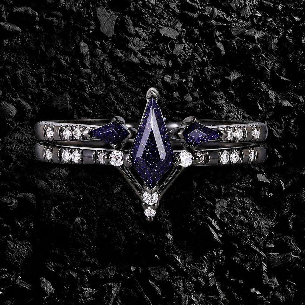 Kite Cut Blue Sandstone Celestial Gothic Ring Set