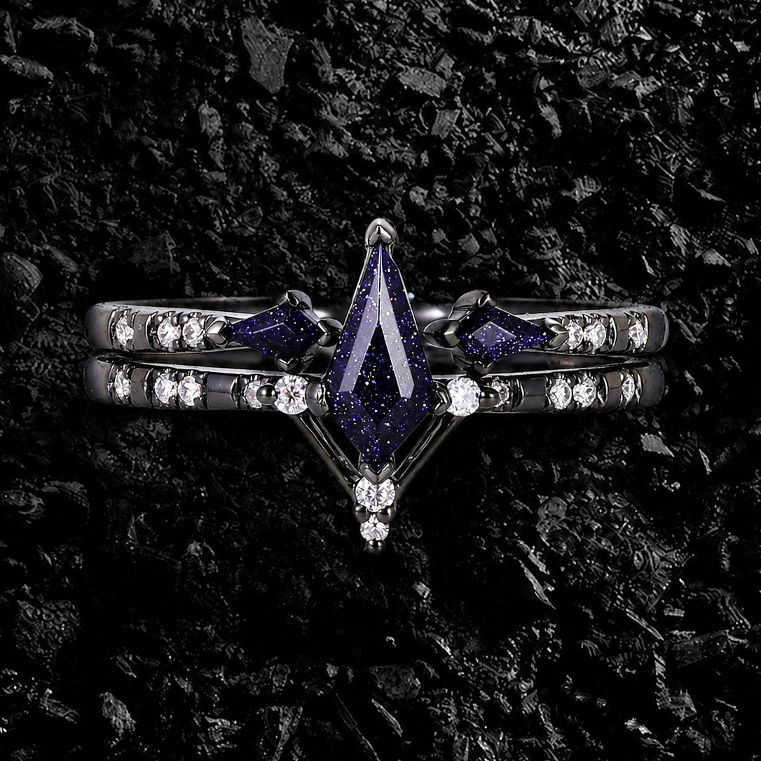 Kite Cut Blue Sandstone Celestial Gothic Ring Set