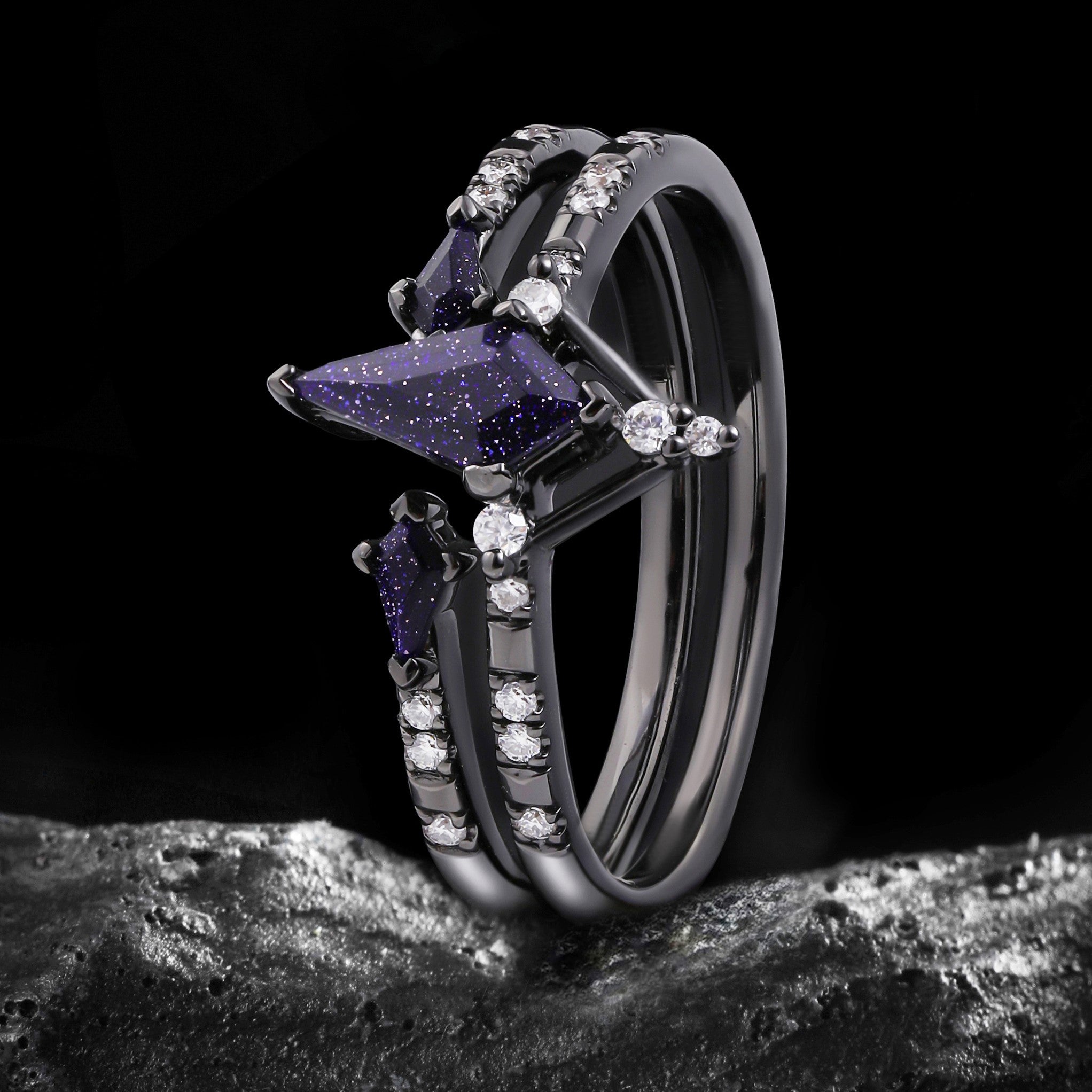 Kite Cut Blue Sandstone Celestial Gothic Ring Set