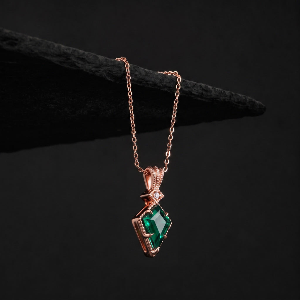 Kite Cut Lab Emerald Vintage Geometric Pendant Necklace