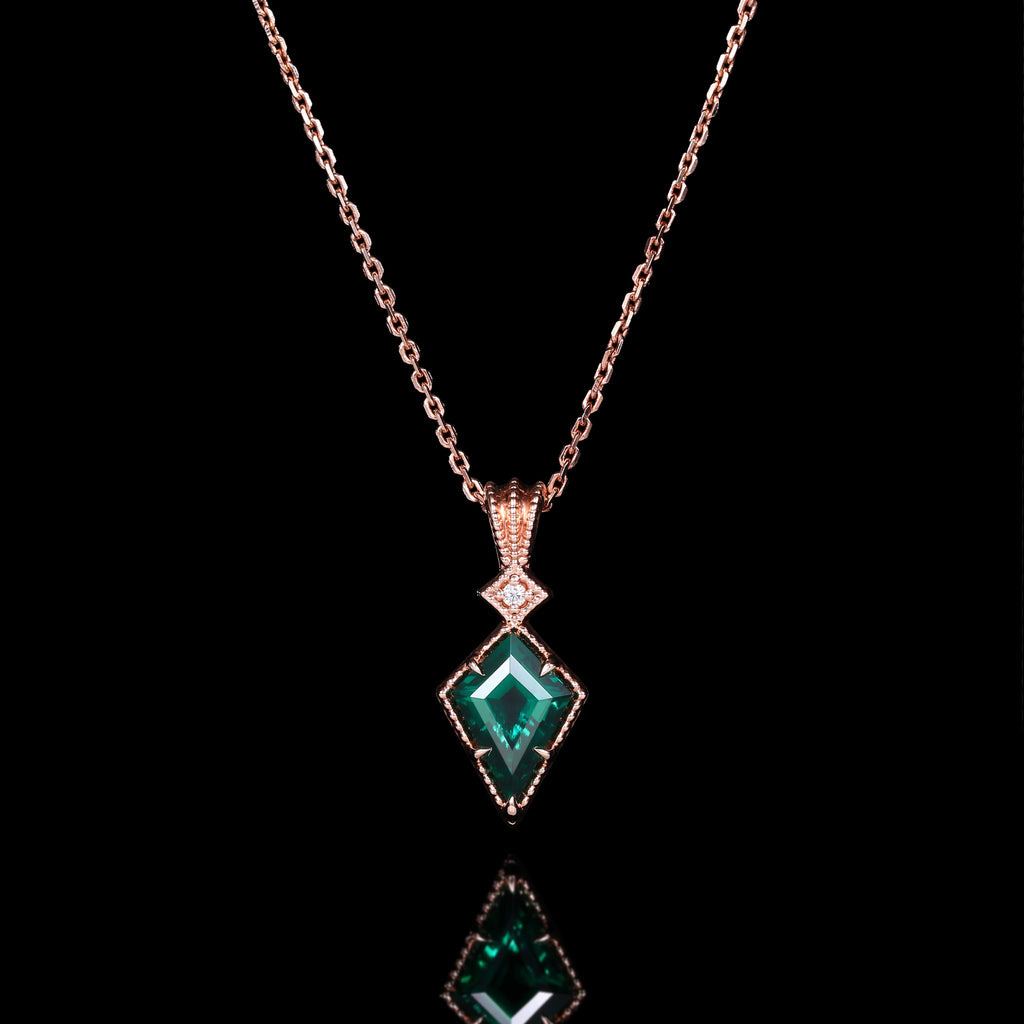 Kite Cut Lab Emerald Vintage Geometric Pendant Necklace