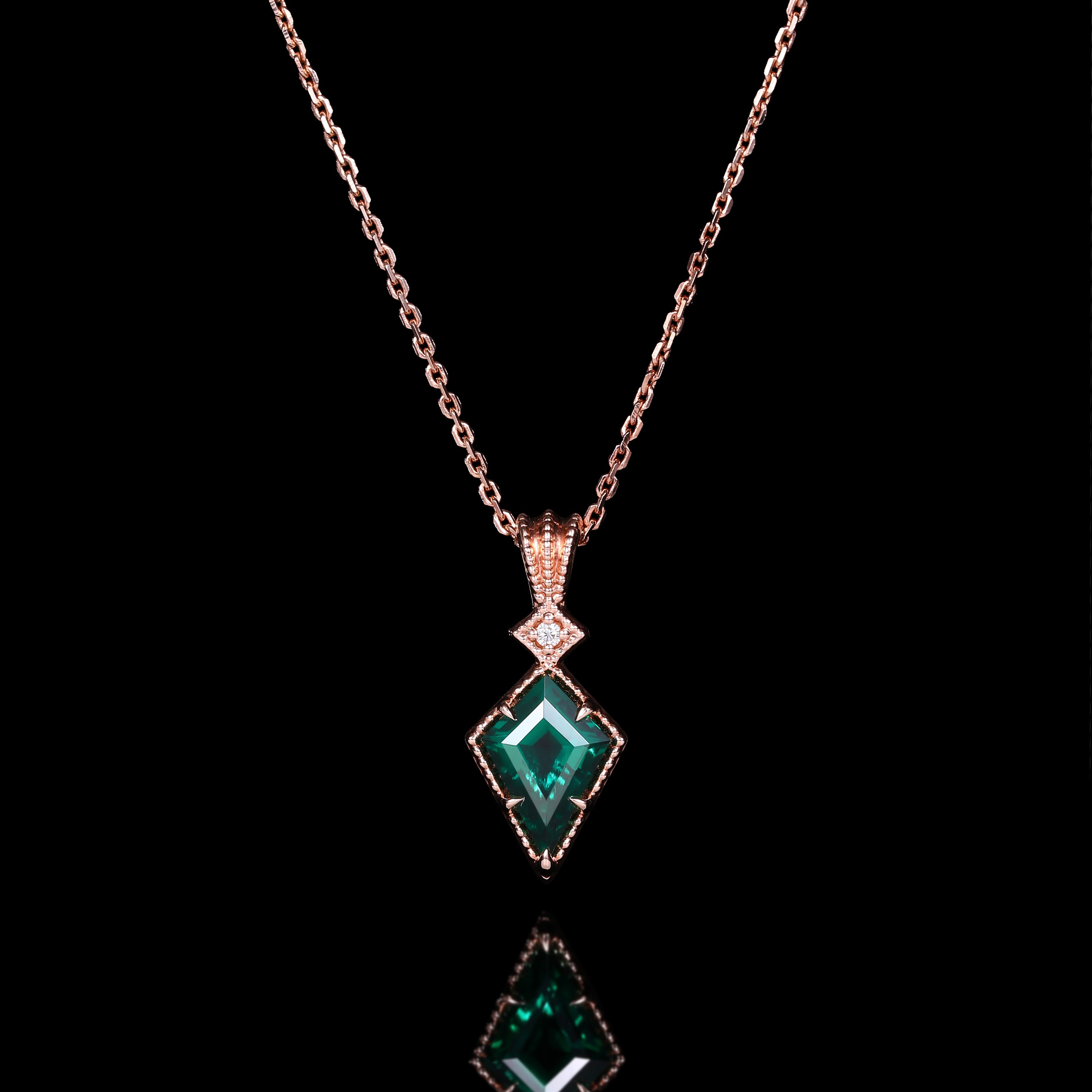 Kite Cut Lab Emerald Vintage Geometric Pendant Necklace