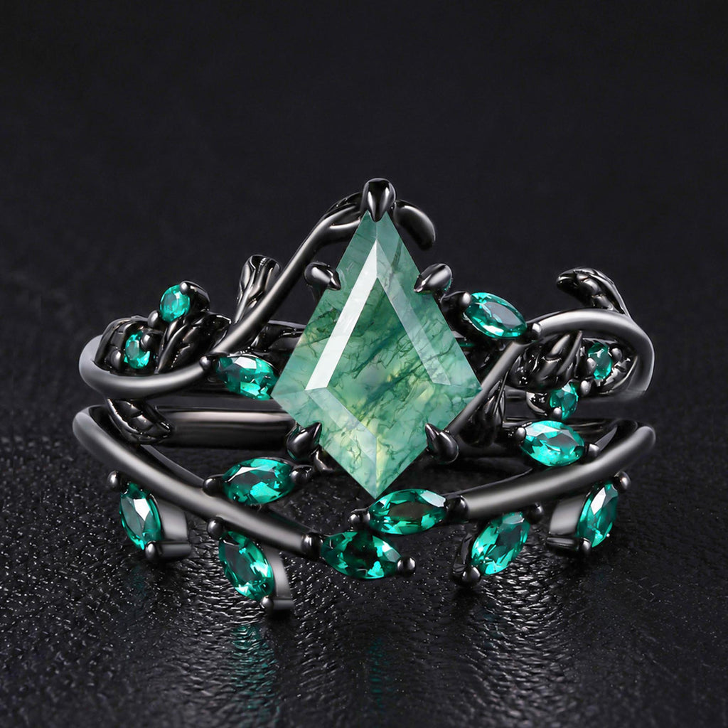 Kite Cut Moss Agate Dark Gothic Ring Set Emerald Leaf Ring Stack