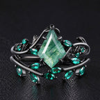 Kite Cut Moss Agate Dark Gothic Ring Set Emerald Leaf Ring Stack