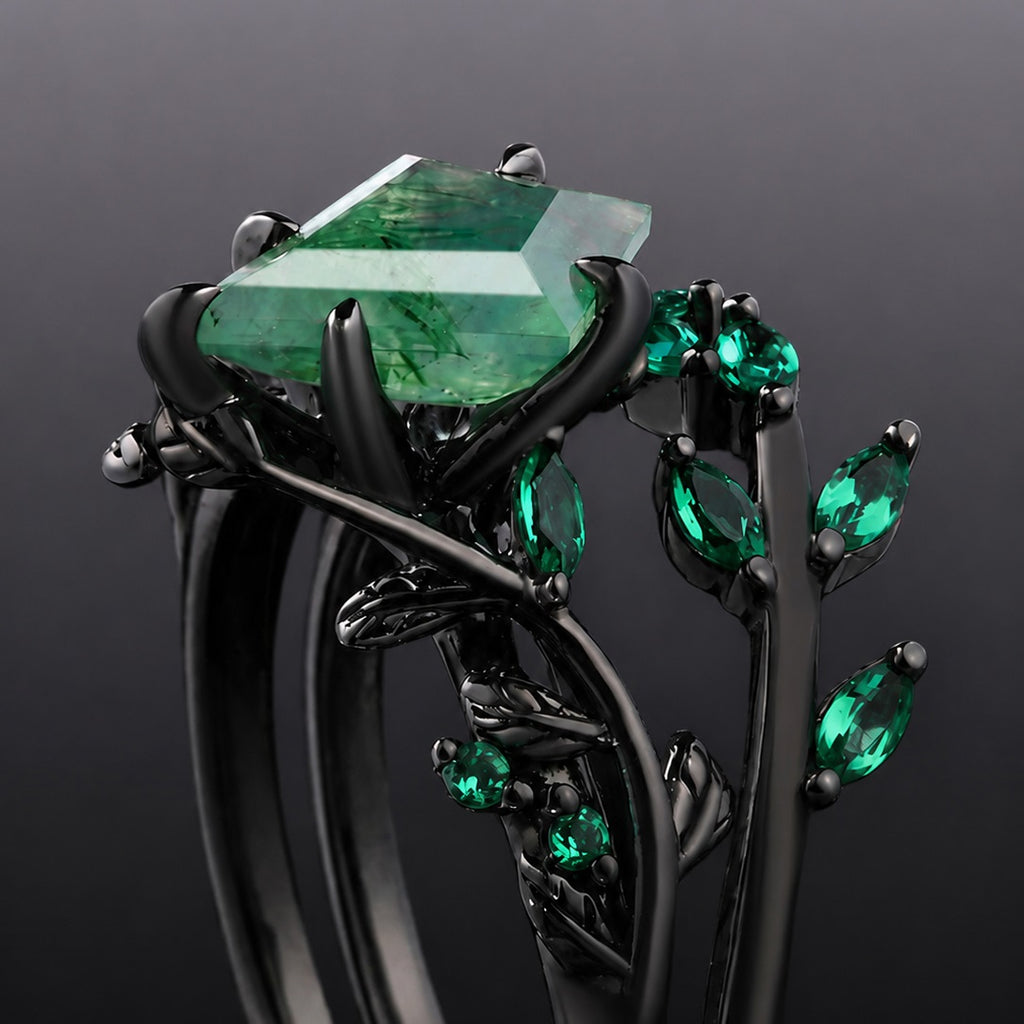 Kite Cut Moss Agate Dark Gothic Ring Set Emerald Leaf Ring Stack