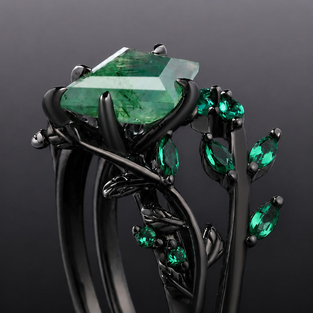 Kite Cut Moss Agate Dark Gothic Ring Set Emerald Leaf Ring Stack
