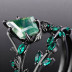 Kite Cut Moss Agate Dark Gothic Ring Set Emerald Leaf Ring Stack
