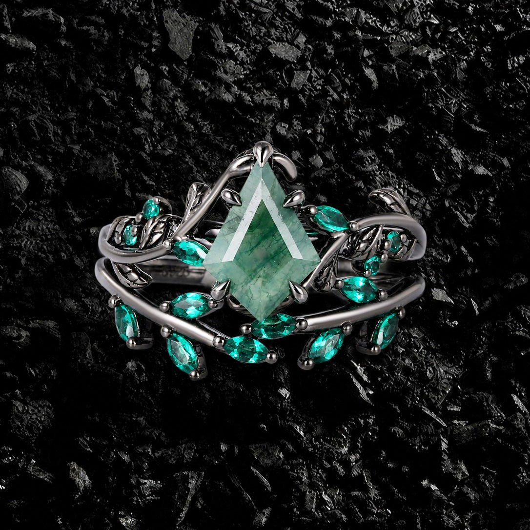 Kite Cut Moss Agate Dark Gothic Ring Set Emerald Leaf Ring Stack