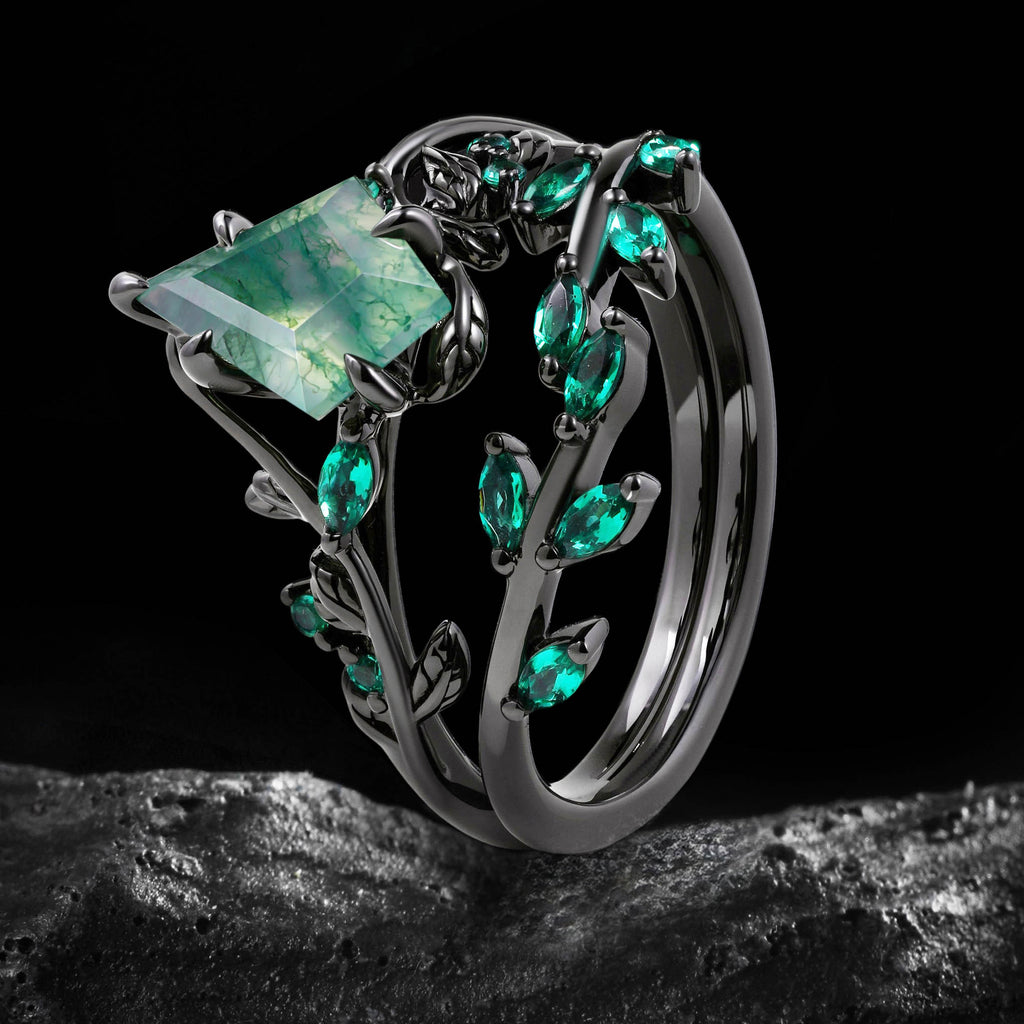 Kite Cut Moss Agate Dark Gothic Ring Set Emerald Leaf Ring Stack