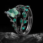 Kite Cut Moss Agate Dark Gothic Ring Set Emerald Leaf Ring Stack