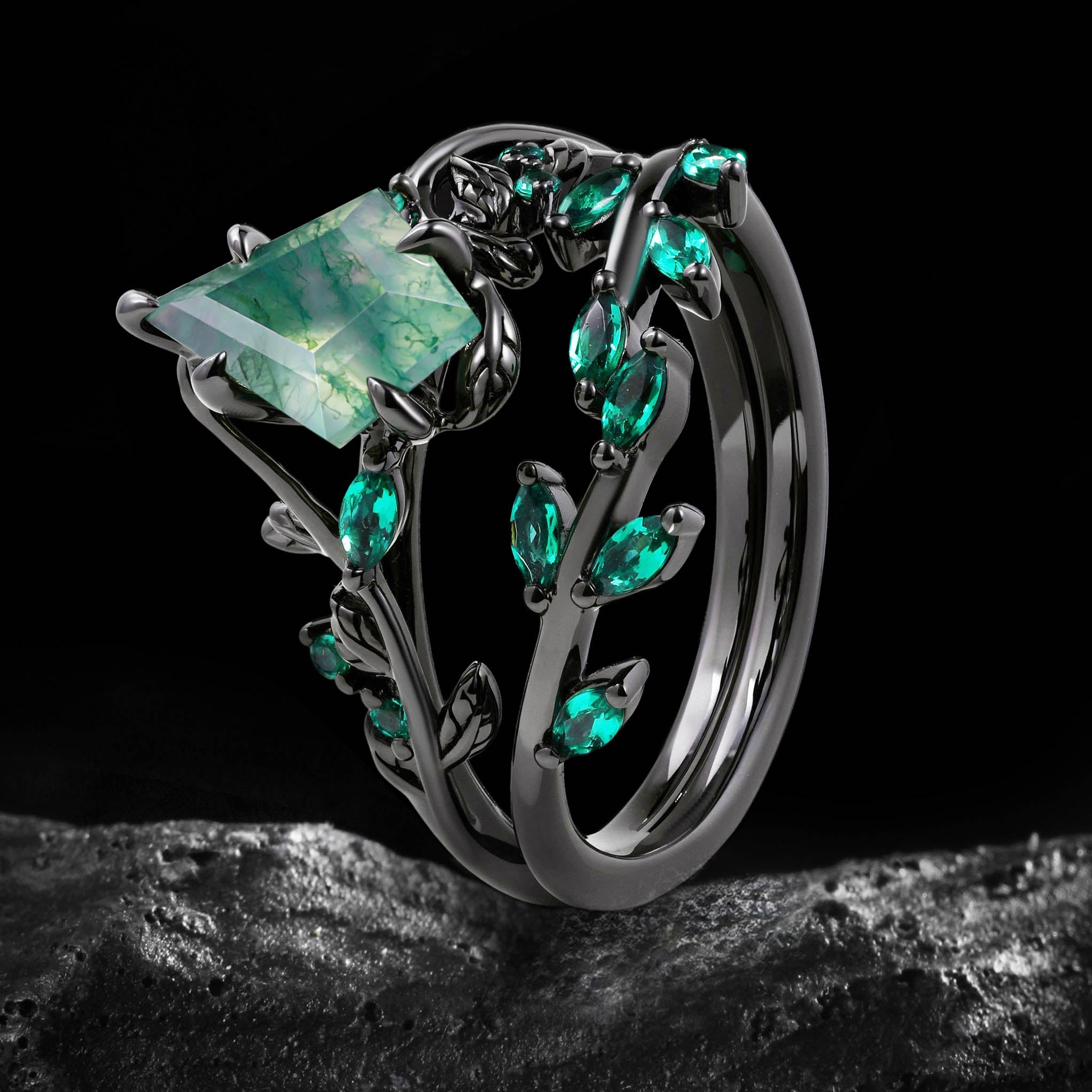 Kite Cut Moss Agate Dark Gothic Ring Set Emerald Leaf Ring Stack
