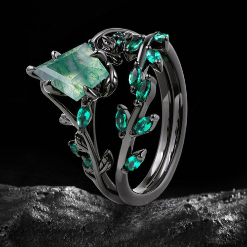 Kite Cut Moss Agate Dark Gothic Ring Set Emerald Leaf Ring Stack