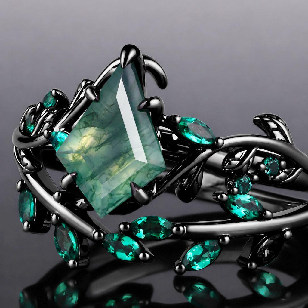 Kite Cut Moss Agate Dark Gothic Ring Set Emerald Leaf Ring Stack