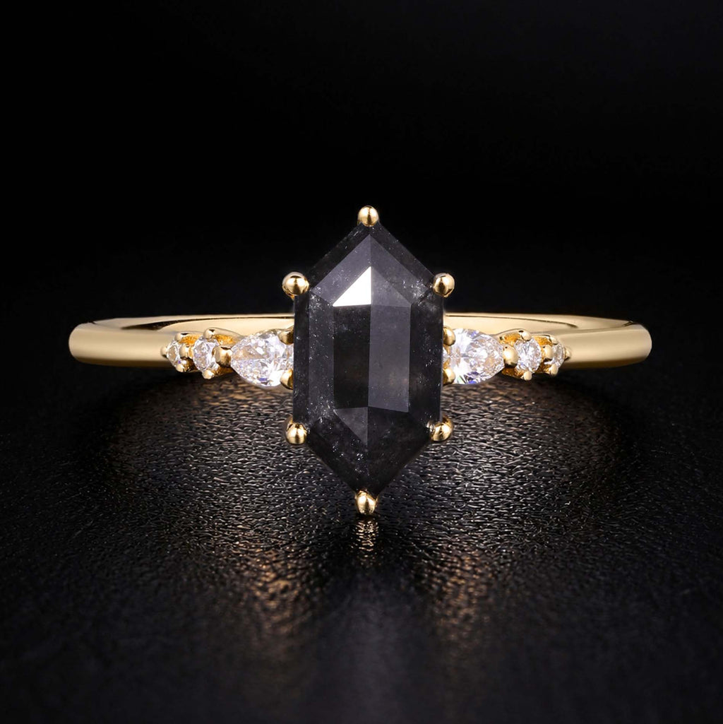 Long Hexagon Cut Salt & Pepper Diamond Ring With Pear & Round Accents