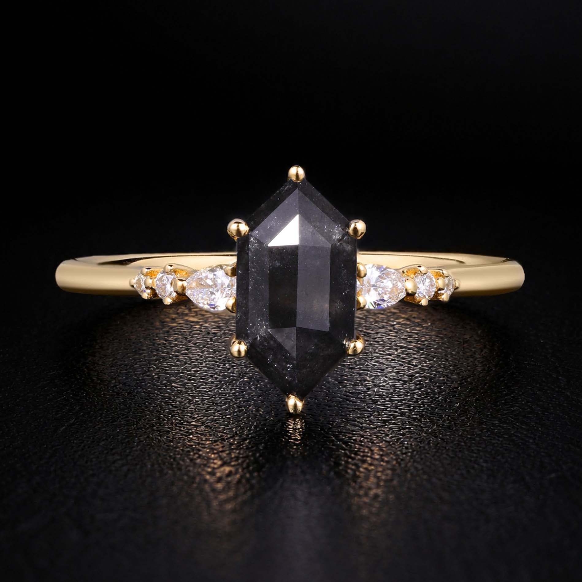 Long Hexagon Cut Salt & Pepper Diamond Ring With Pear & Round Accents