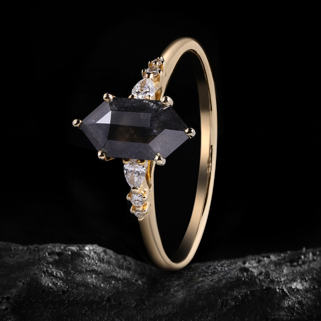 Long Hexagon Cut Salt & Pepper Diamond Ring With Pear & Round Accents