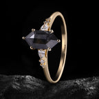 Long Hexagon Cut Salt & Pepper Diamond Ring With Pear & Round Accents