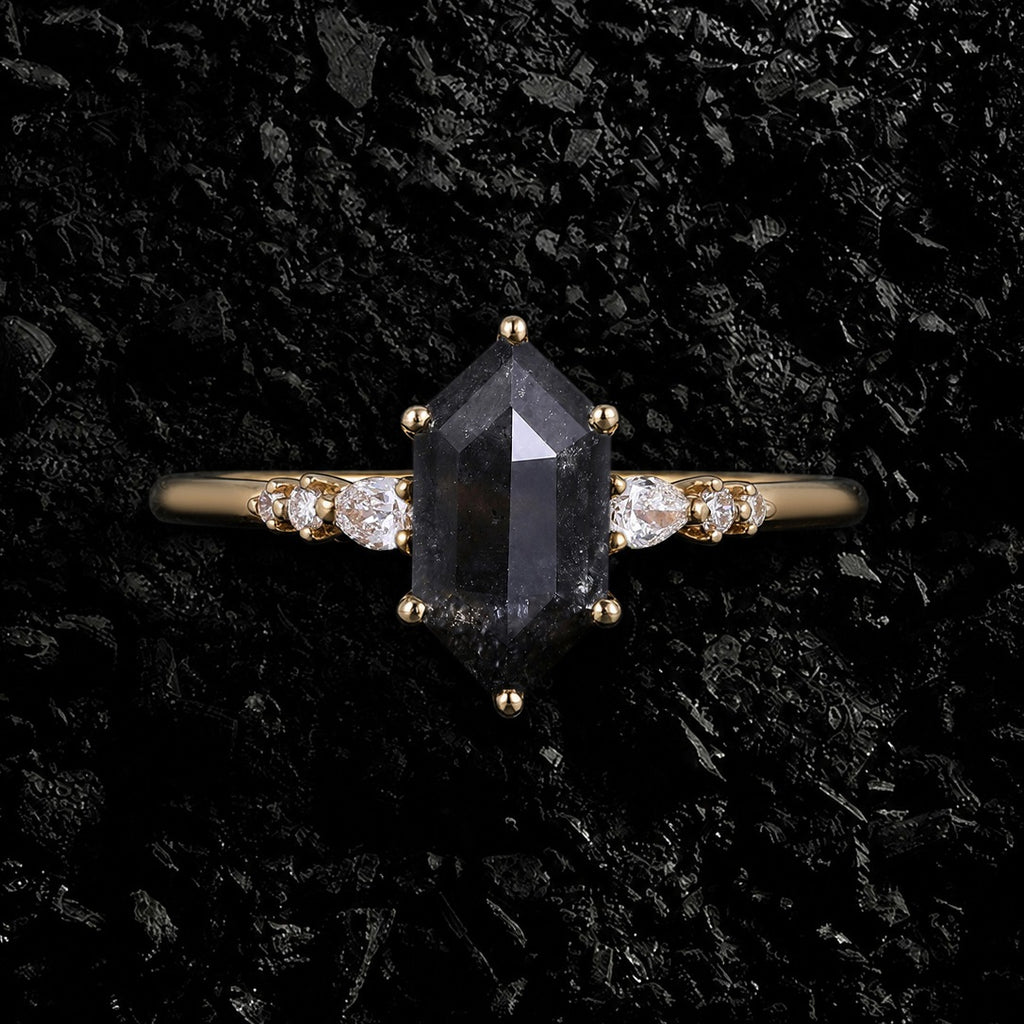 Long Hexagon Cut Salt & Pepper Diamond Ring With Pear & Round Accents