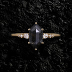 Long Hexagon Cut Salt & Pepper Diamond Ring With Pear & Round Accents