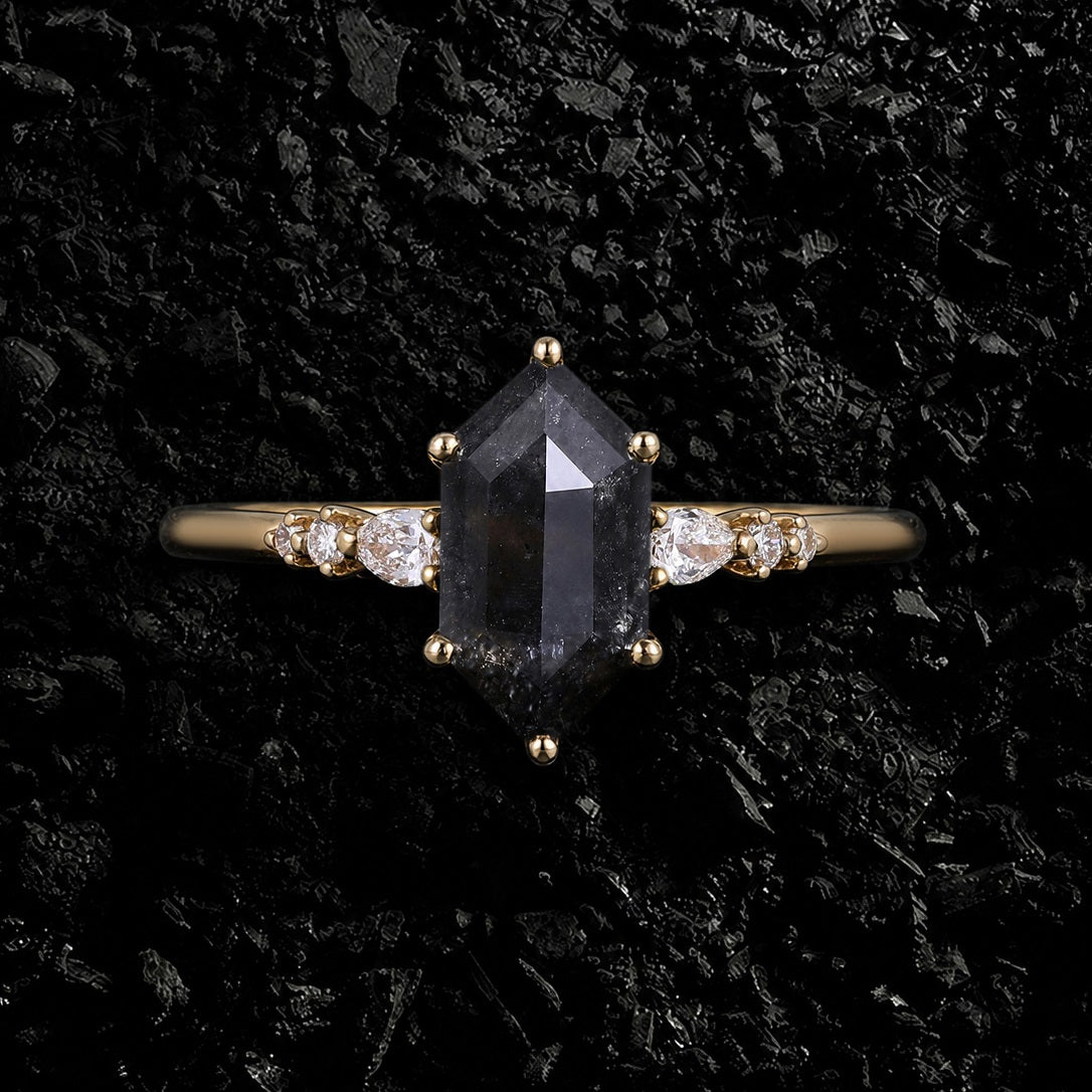 Long Hexagon Cut Salt & Pepper Diamond Ring With Pear & Round Accents
