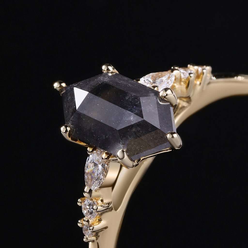 Long Hexagon Cut Salt & Pepper Diamond Ring With Pear & Round Accents