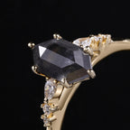 Long Hexagon Cut Salt & Pepper Diamond Ring With Pear & Round Accents