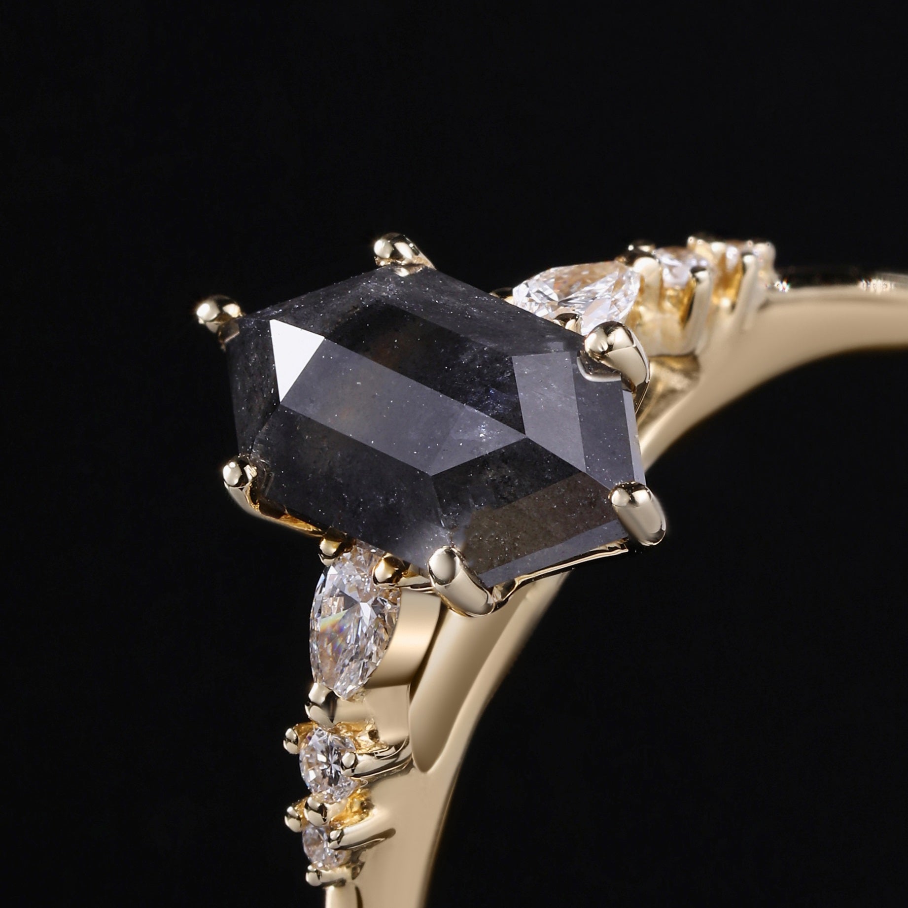 Long Hexagon Cut Salt & Pepper Diamond Ring With Pear & Round Accents