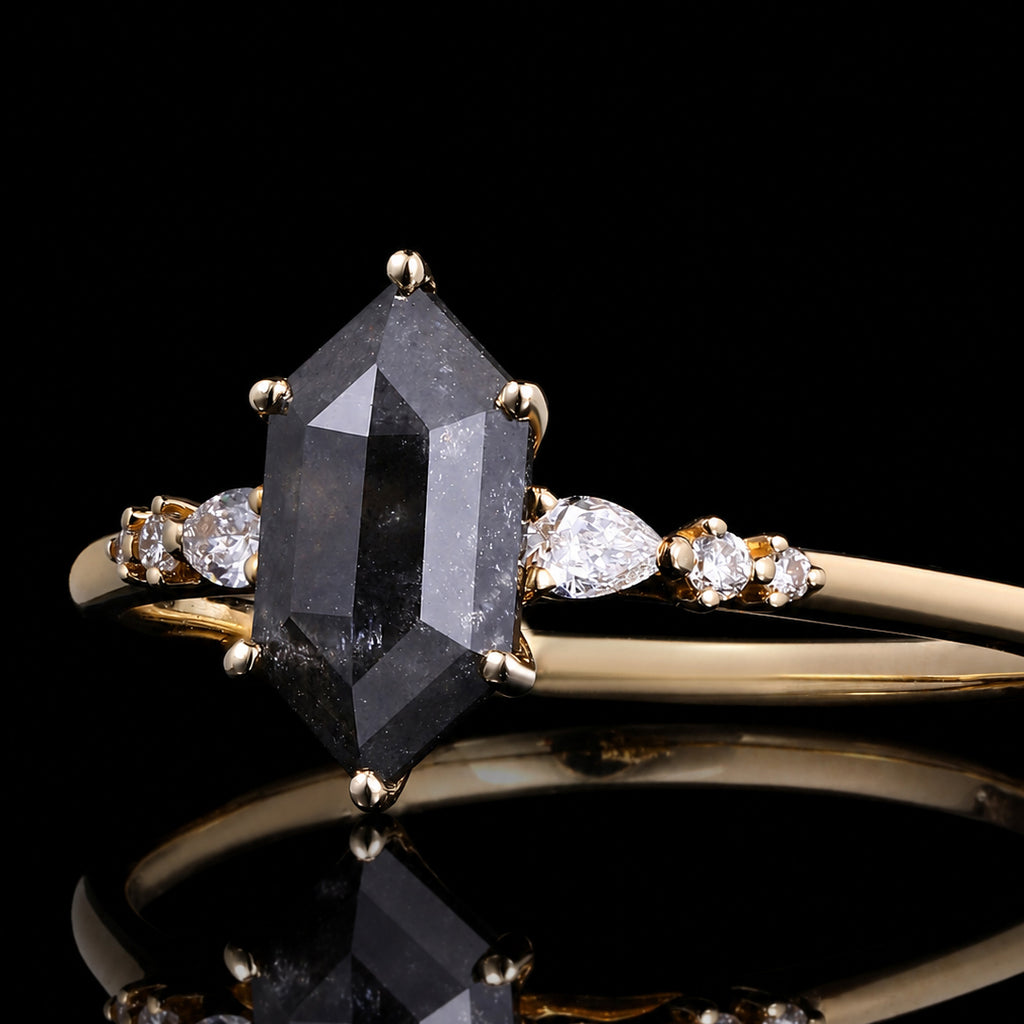 Long Hexagon Cut Salt & Pepper Diamond Ring With Pear & Round Accents