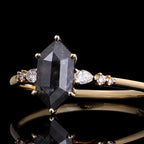 Long Hexagon Cut Salt & Pepper Diamond Ring With Pear & Round Accents