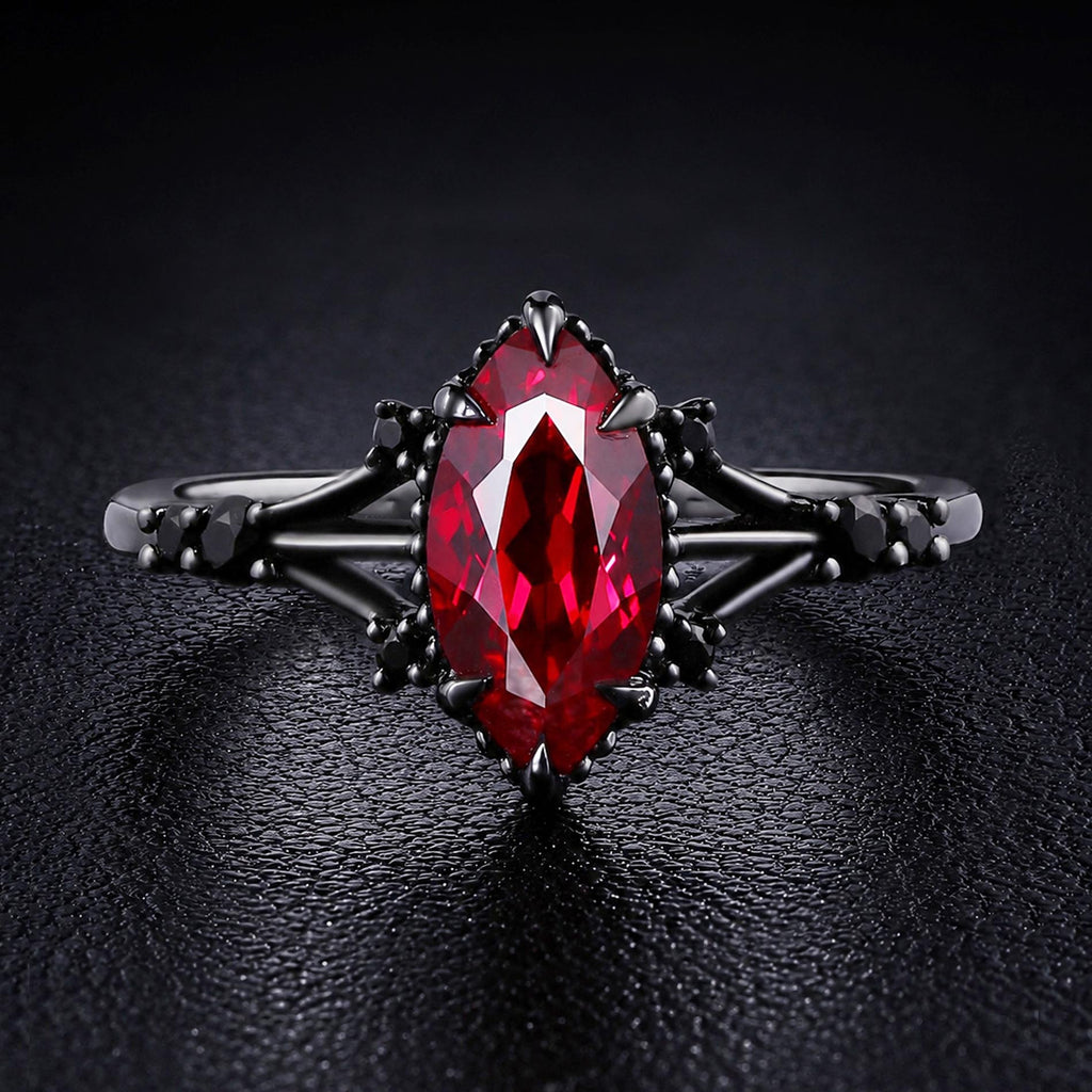 Marquise Cut Lab Ruby Devil’s Eye Gothic Ring With Black Diamond Accent