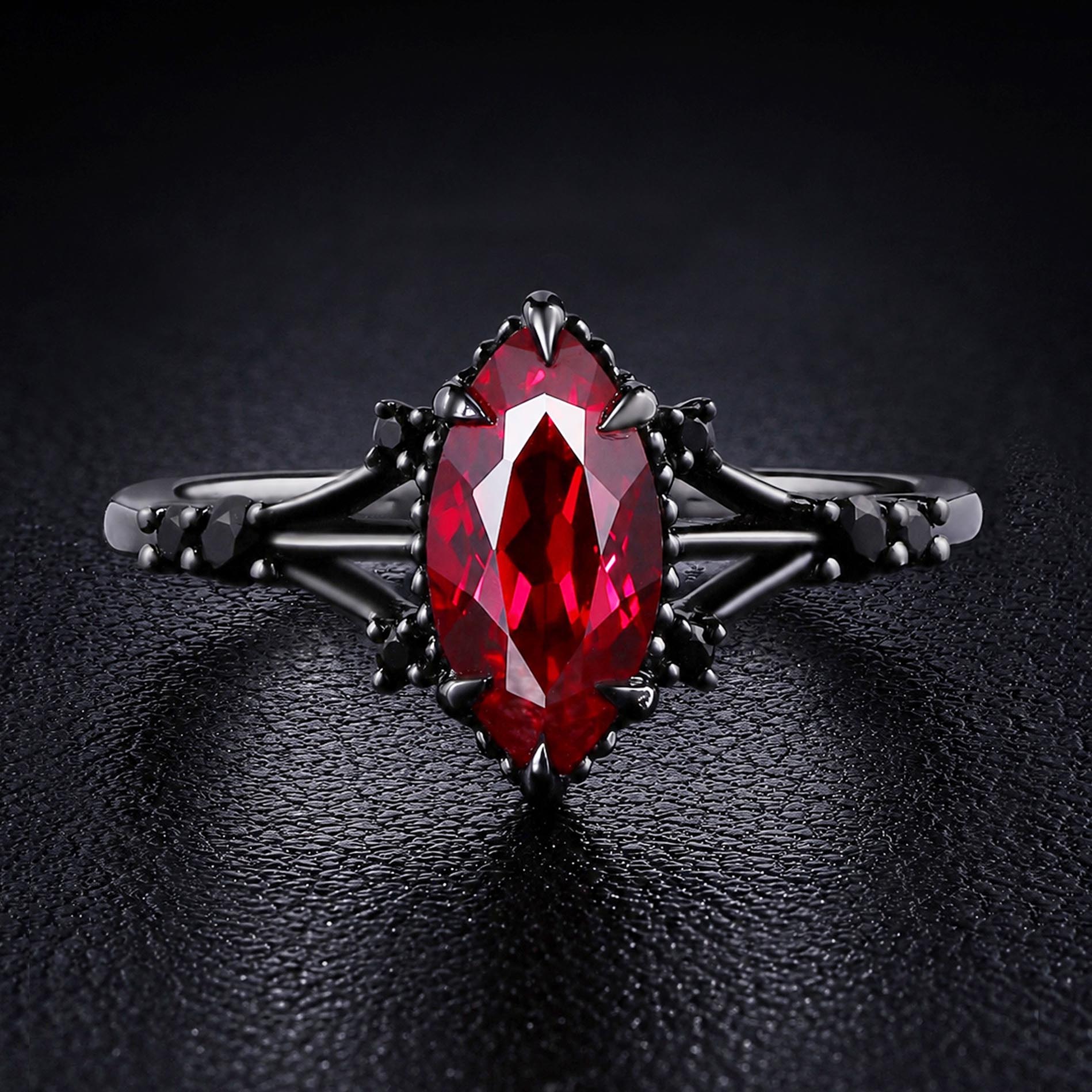 Marquise Cut Lab Ruby Devil’s Eye Gothic Ring With Black Diamond Accent