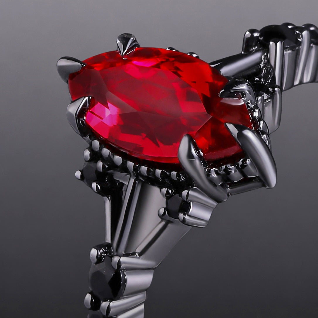 Marquise Cut Lab Ruby Devil’s Eye Gothic Ring With Black Diamond Accent