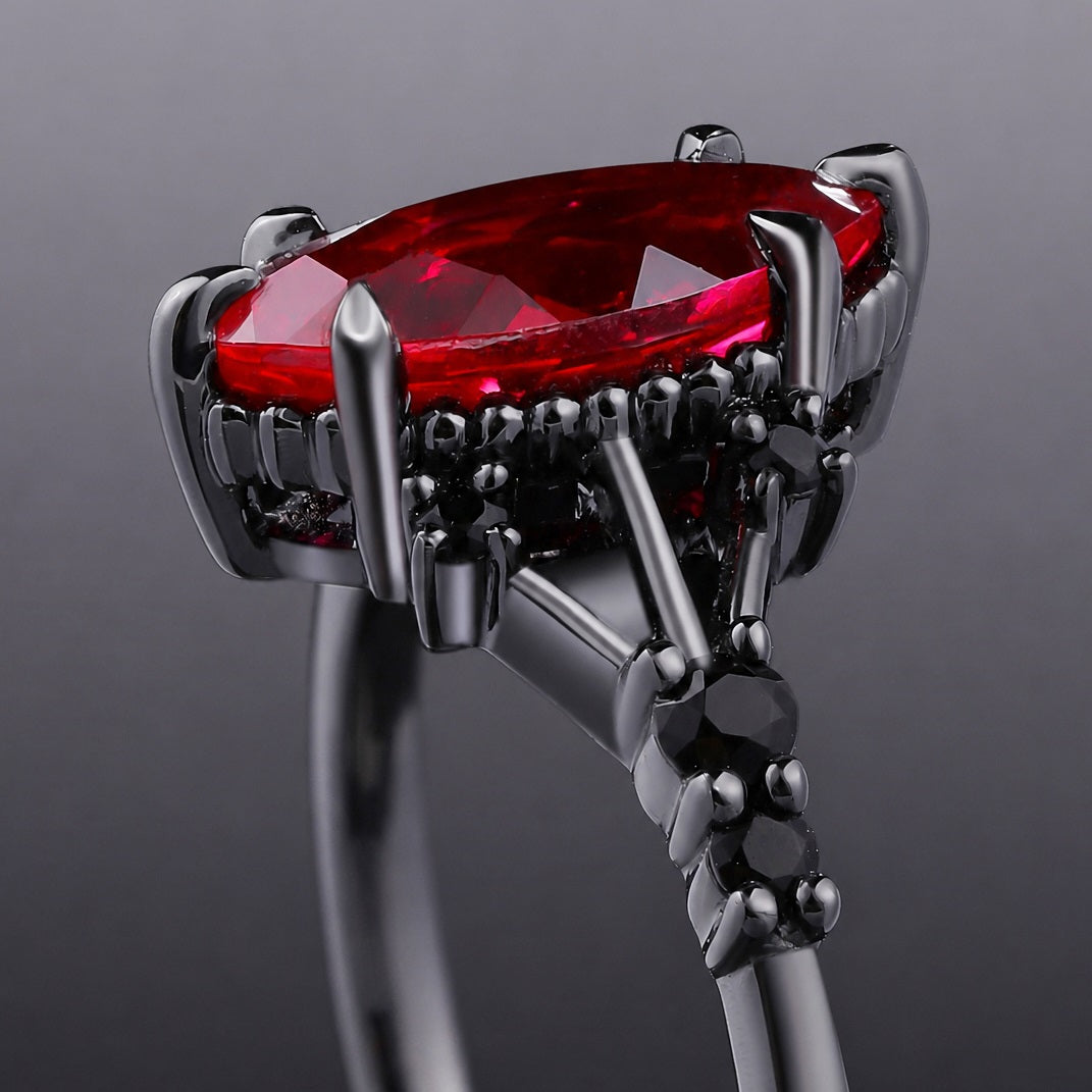 Marquise Cut Lab Ruby Devil’s Eye Gothic Ring With Black Diamond Accent