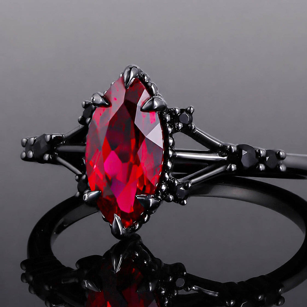 Marquise Cut Lab Ruby Devil’s Eye Gothic Ring With Black Diamond Accent