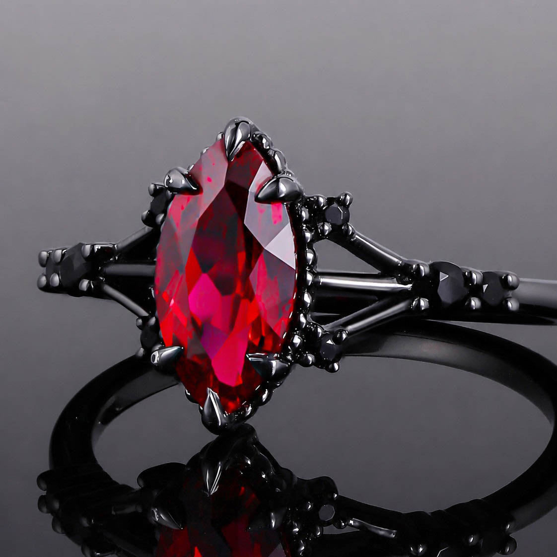 Marquise Cut Lab Ruby Devil’s Eye Gothic Ring With Black Diamond Accent