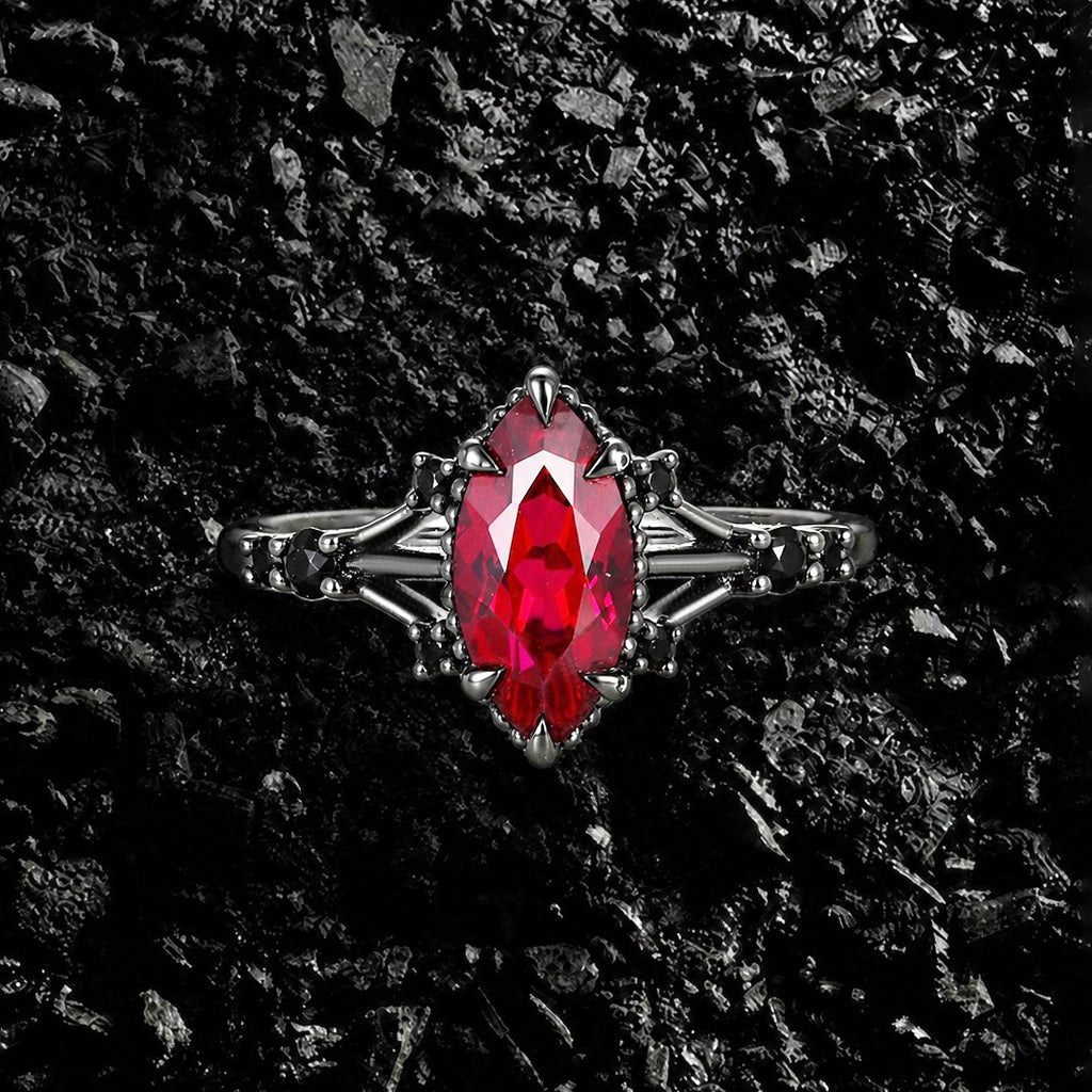 Marquise Cut Lab Ruby Devil’s Eye Gothic Ring With Black Diamond Accent