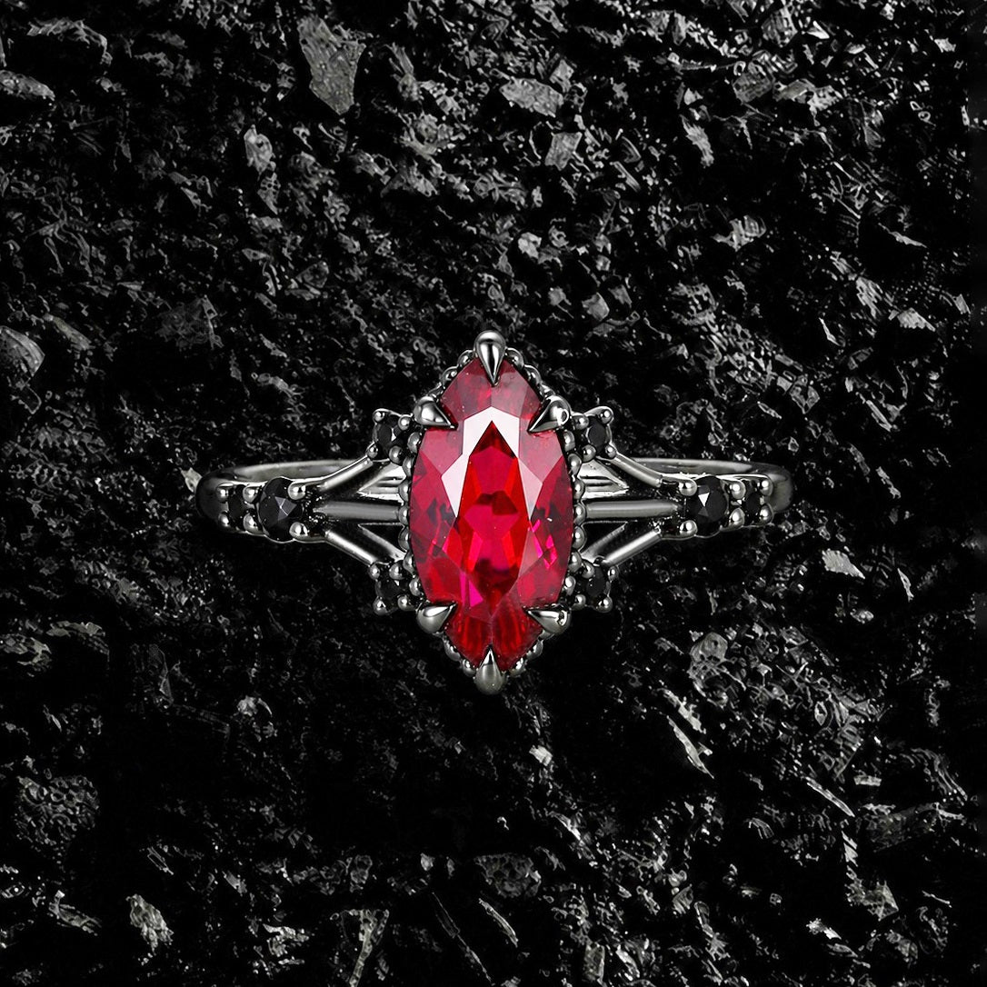 Marquise Cut Lab Ruby Devil’s Eye Gothic Ring With Black Diamond Accent