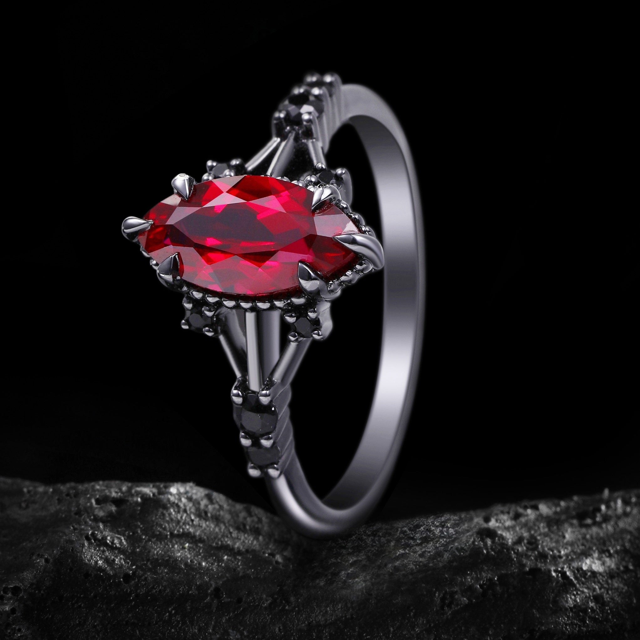 Marquise Cut Lab Ruby Devil’s Eye Gothic Ring With Black Diamond Accent
